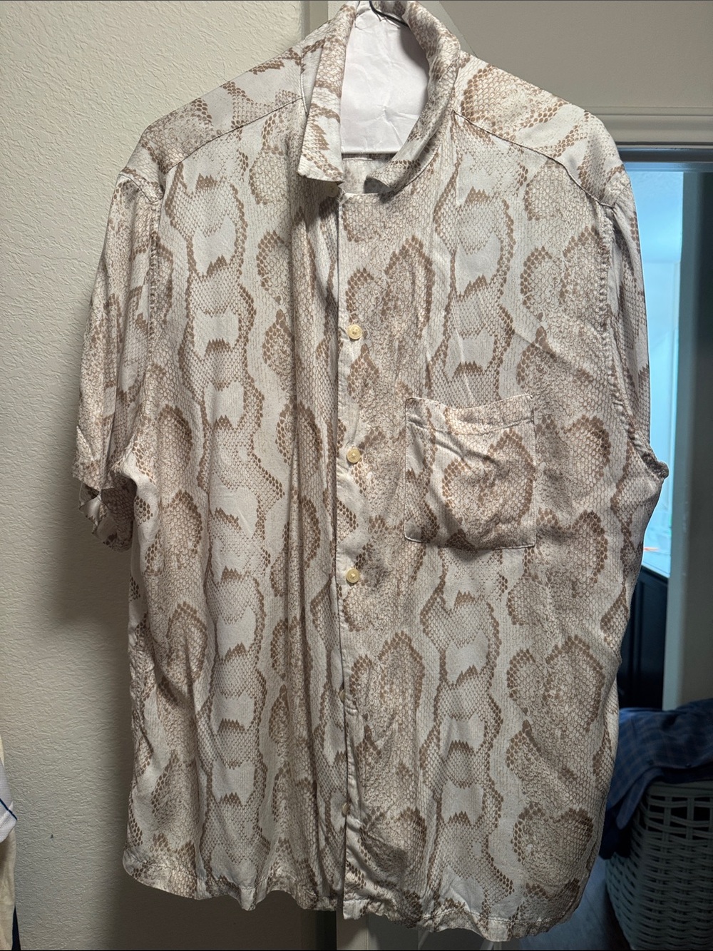 AllSaints Beige Snake-Print Short Sleeve Button-Down Shirt